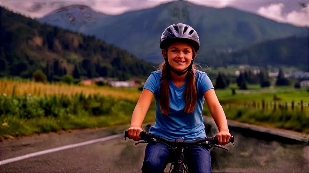 Electric Cycle for Girls: A girl wearing a helmet and protective gear, riding an electric cycle on a suburban road, highlighting safety and comfort.