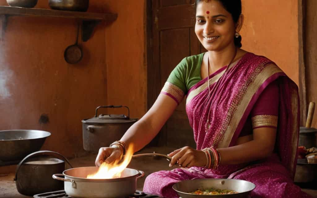 Woman cooking on an LPG gas stove as part of Pradhan Mantri Ujjwala Yojana, promoting clean cooking fuel and women's empowerment in India."