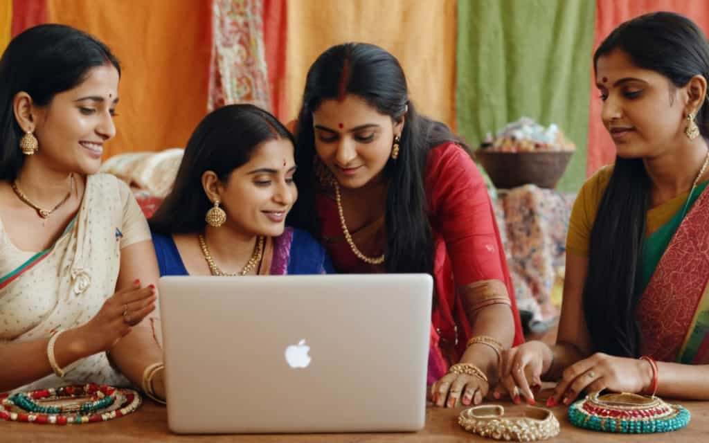 "Indian women entrepreneurs selling handmade products online on the Women E-Haat platform, promoting digital entrepreneurship and women empowerment."