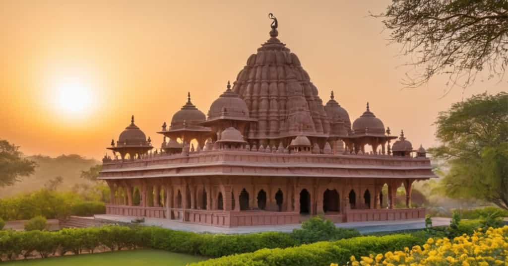 राहिलासन में खाटू श्याम मंदिर, सूर्योदय के समय भक्तों के साथ पूजा करते हुए, शांति और आध्यात्मिक माहौल को प्रदर्शित करते हुए।