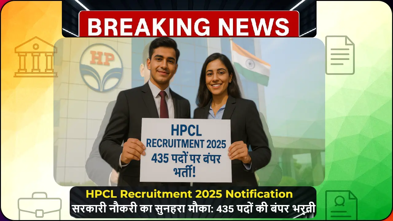 HPCL की बिल्डिंग के सामने खड़े युवा उम्मीदवार, हाथ में 'HPCL Recruitment 2025 – 435 पदों पर बंपर भर्ती!' वाला नोटिस लिए हुए, बैकग्राउंड में HPCL का लोगो और भारतीय झंडा नजर आ रहा है।