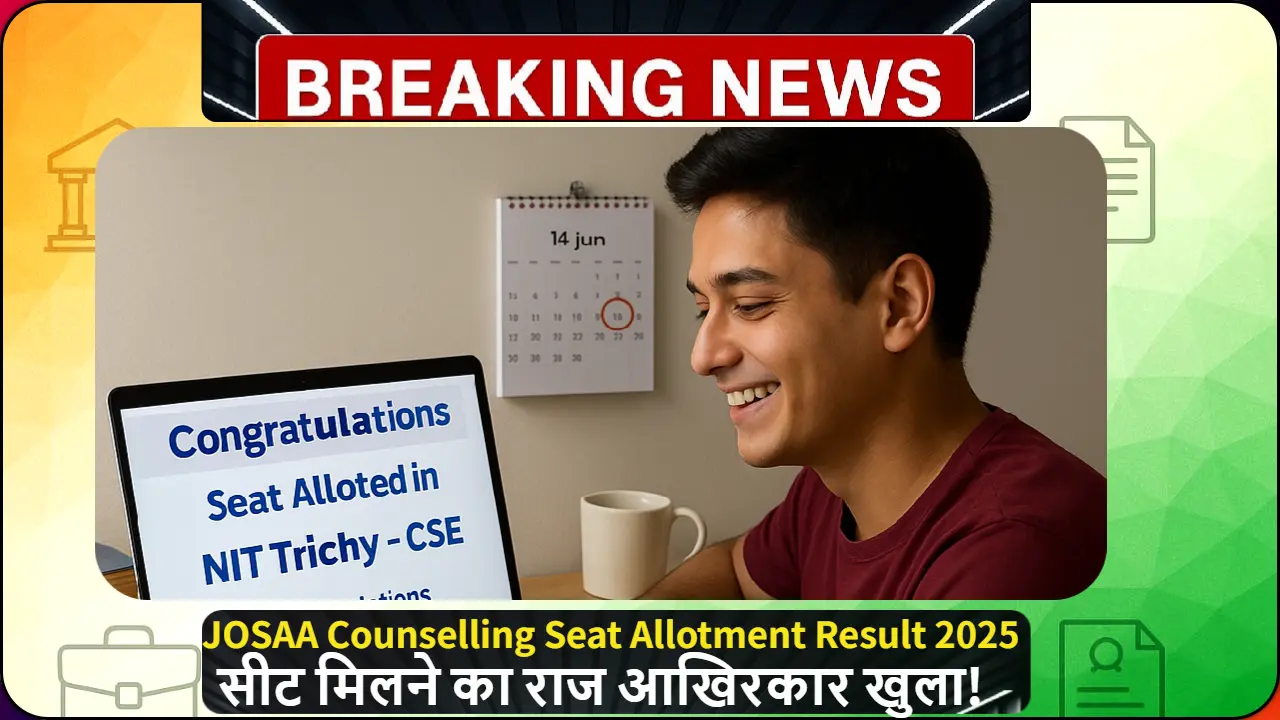 JOSAA Counselling Seat Allotment Result 2025 चेक करता हुआ छात्र, स्क्रीन पर NIT Trichy में सीट अलॉट होने का मैसेज, 14 जून की डेट और मुस्कुराता चेहरा