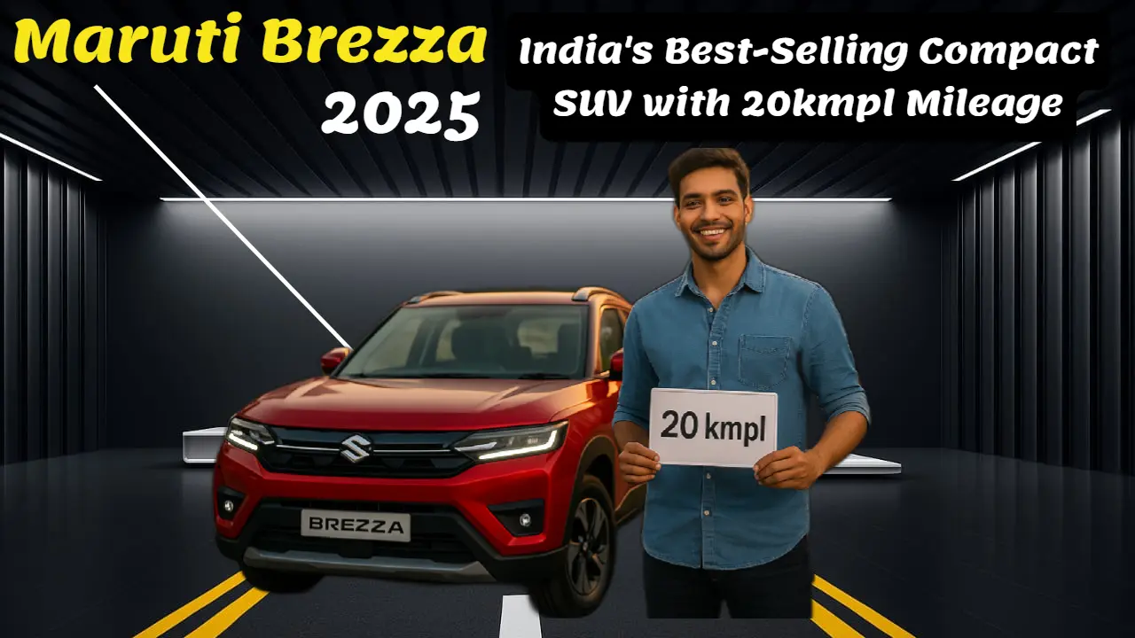 Maruti Brezza 2025 के पास खड़ा युवक, 20kmpl माइलेज और स्टाइलिश डिज़ाइन के साथ SUV
