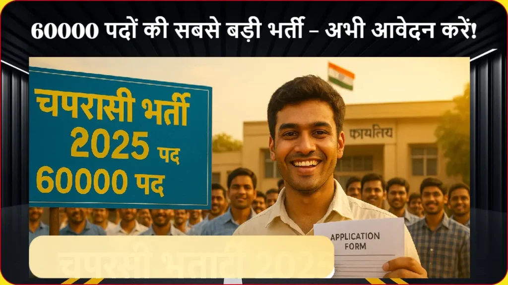 चपरासी भर्ती 2025 के लिए सरकारी ऑफिस के बाहर आवेदन करते उम्मीदवार, 60000 पदों की बंपर भर्ती का साइन बोर्ड